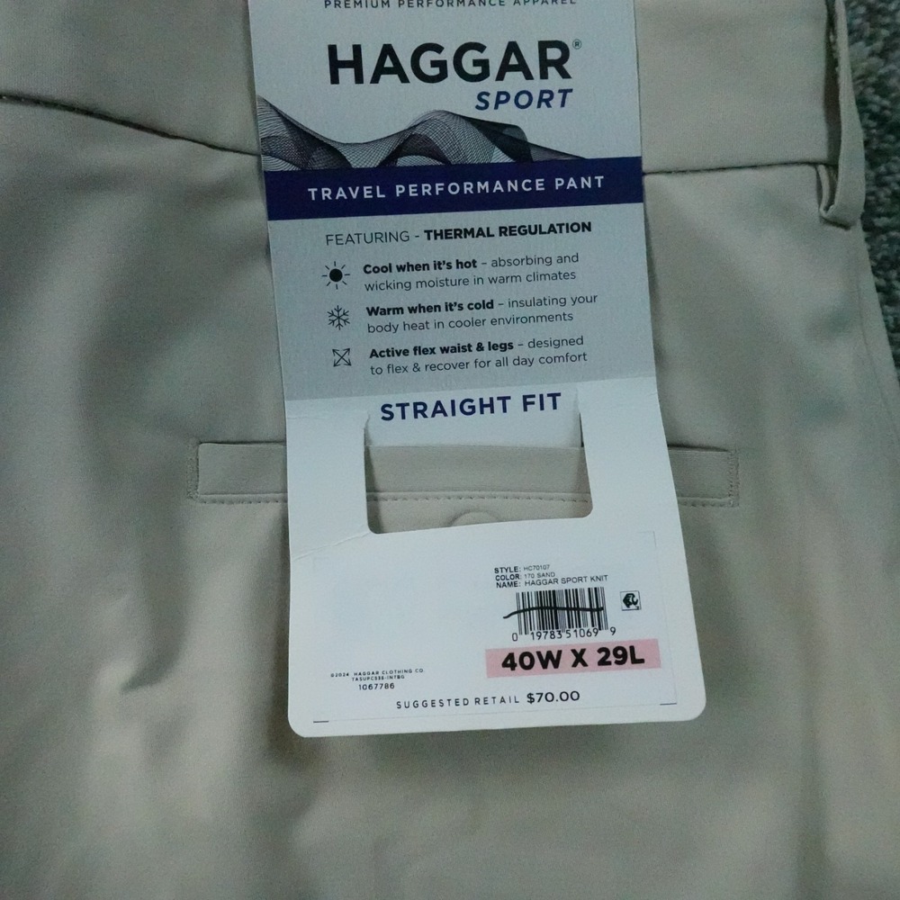 NEW Haggar Pants Mens 40X29 Beige Travel Performance Tech Chino Trouser Straight